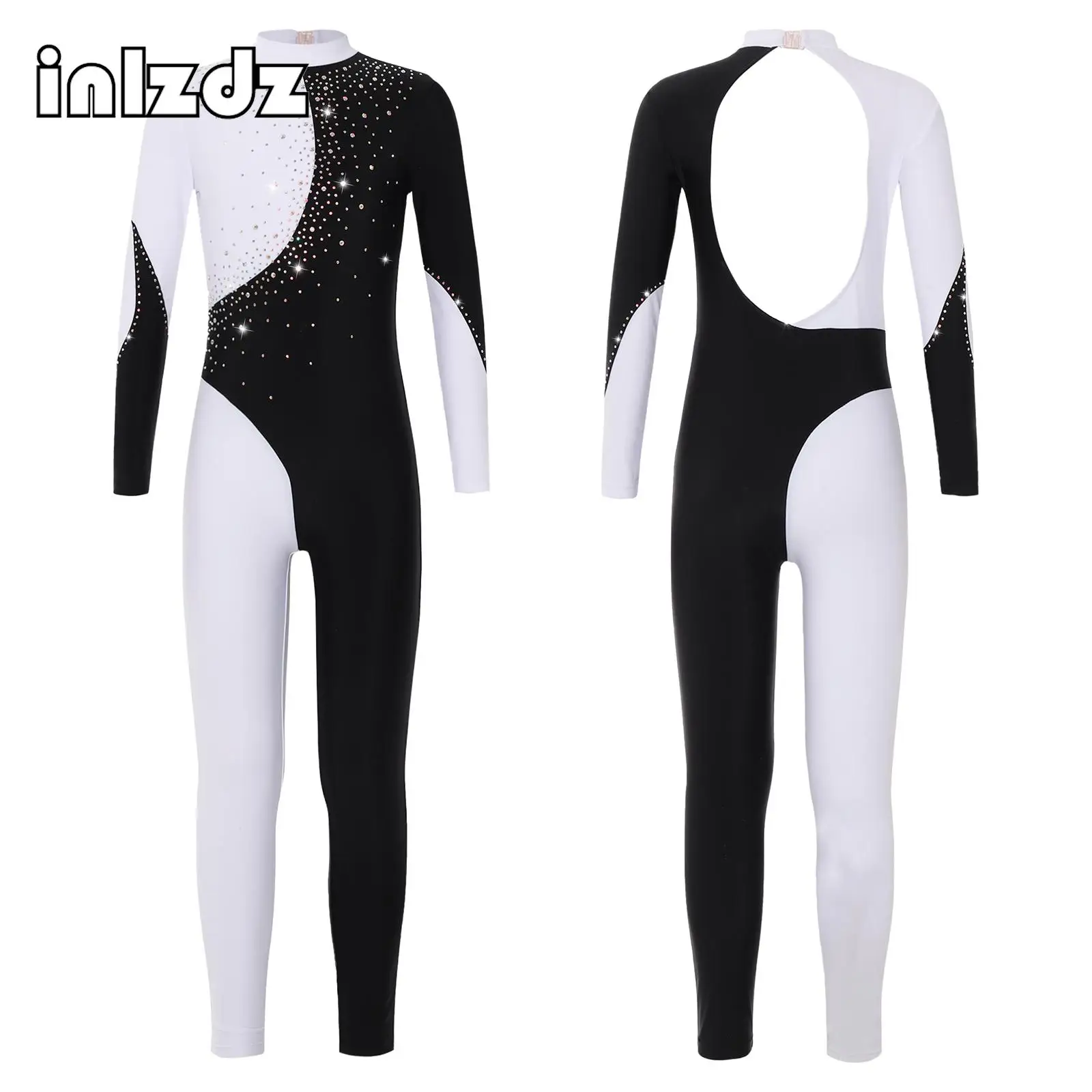 Kids Girls Long Sleeve Shiny Rhinestone Gymnastics Jumpsuit Ballet Dance Unitards Leotard Skating Dancing Tumbling Bodysuits