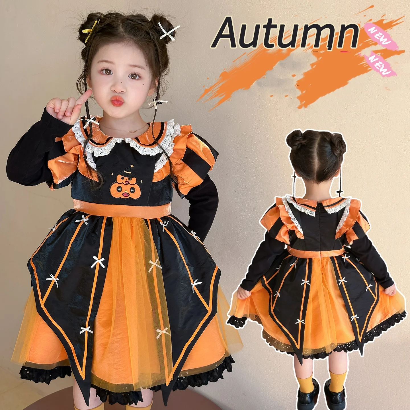 

2-11 Years Baby Girl Halloween Dress Long Sleeve Cute Kitten Pumpkin Print Mesh Dress Vacation Toddler Girl Party Costumes
