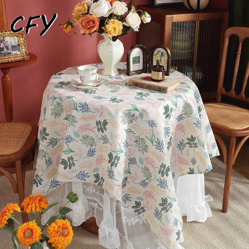 Cotton Linen Retro American Red Fragmented Flowers Background Rectangular Wedding Dining Table Cover Tea Table Cloth