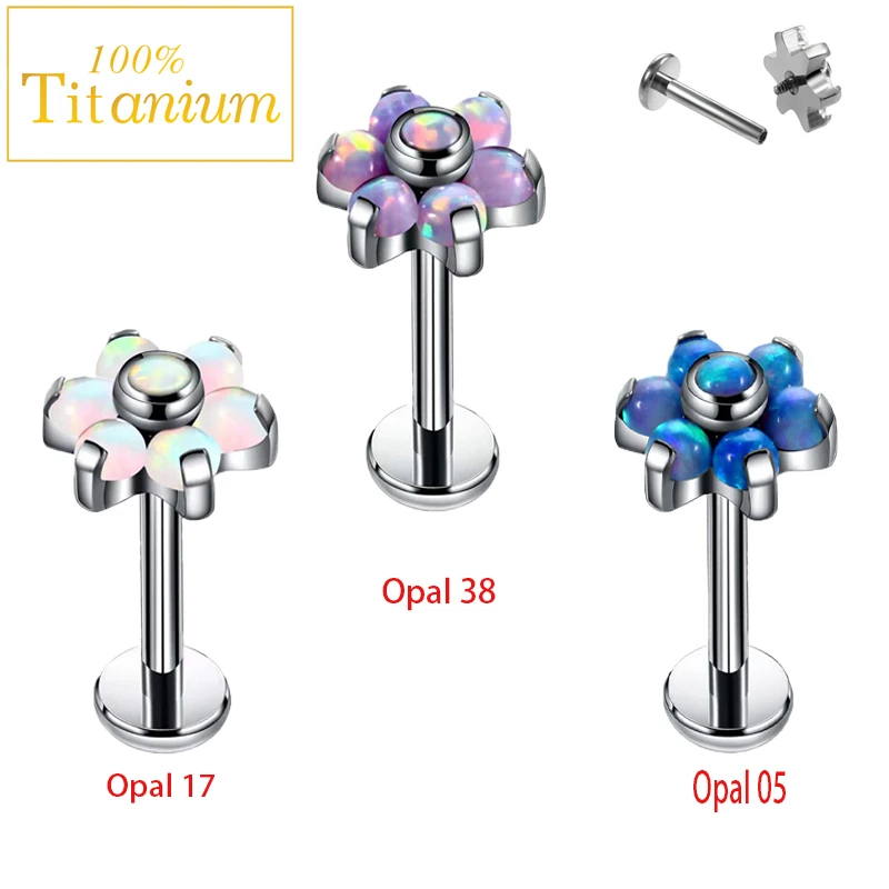 

F136 Titanium Labret Lip Studs Opal Flower Ear Nails Tragus Conch Piercing Earrings 16G 6/8/10mm Dermal Anchor Tops Body Jewelry