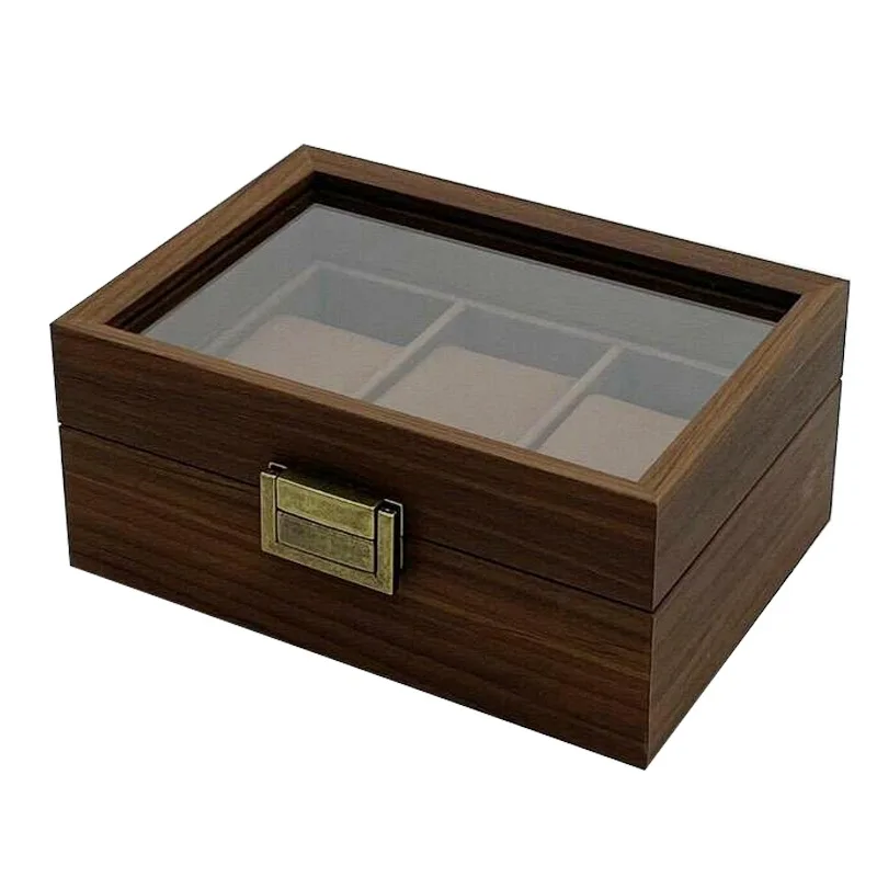 Neues Design 3-Fach Retro Uhrenbox in Dunkler Walnussfarbe mit Braunem Samtinterieur Premium Uhrenaufbewahrung und -verpackung – Detail 3