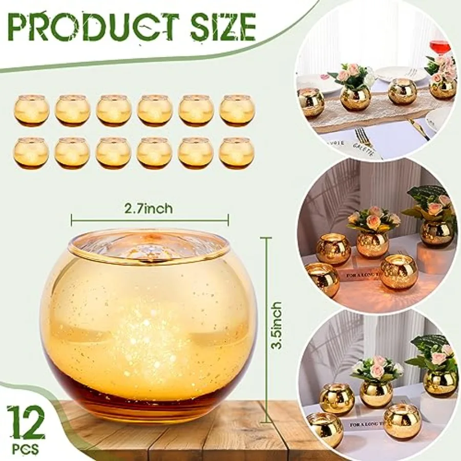 12 Pcs Round Flower Vase Centerpieces for Table, Small Gold Vases Tea Light Candle Holders Glass Vase Wedding Home Decor Votive