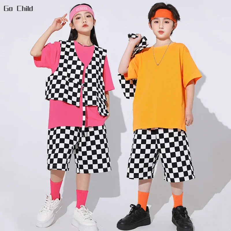 Hip Hop Boys Solid T-shirt Plaid Vest Street Dance Shorts Girls Summer School Clothes Sets Kids Streetwear Kindergarten Costumes