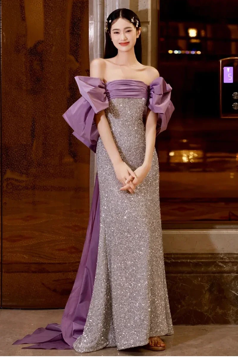 Customized  Luxury Purple Mermaid Evening Dress Sparkling Sequins Elegant Banquet Fishtail Formal Party Gowns for Women Vestidos