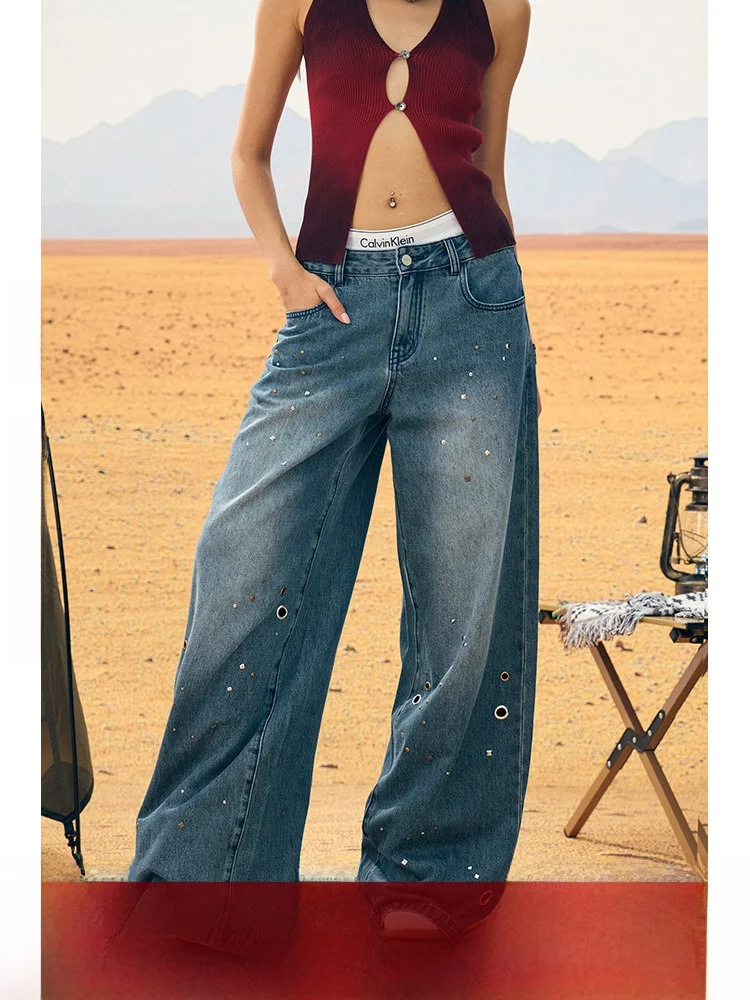 

BeerBro African Migration Wide Leg Jeans Women's Summer Loose Fit Slimming Washed Distressed Nail Trim Casual Low Waist