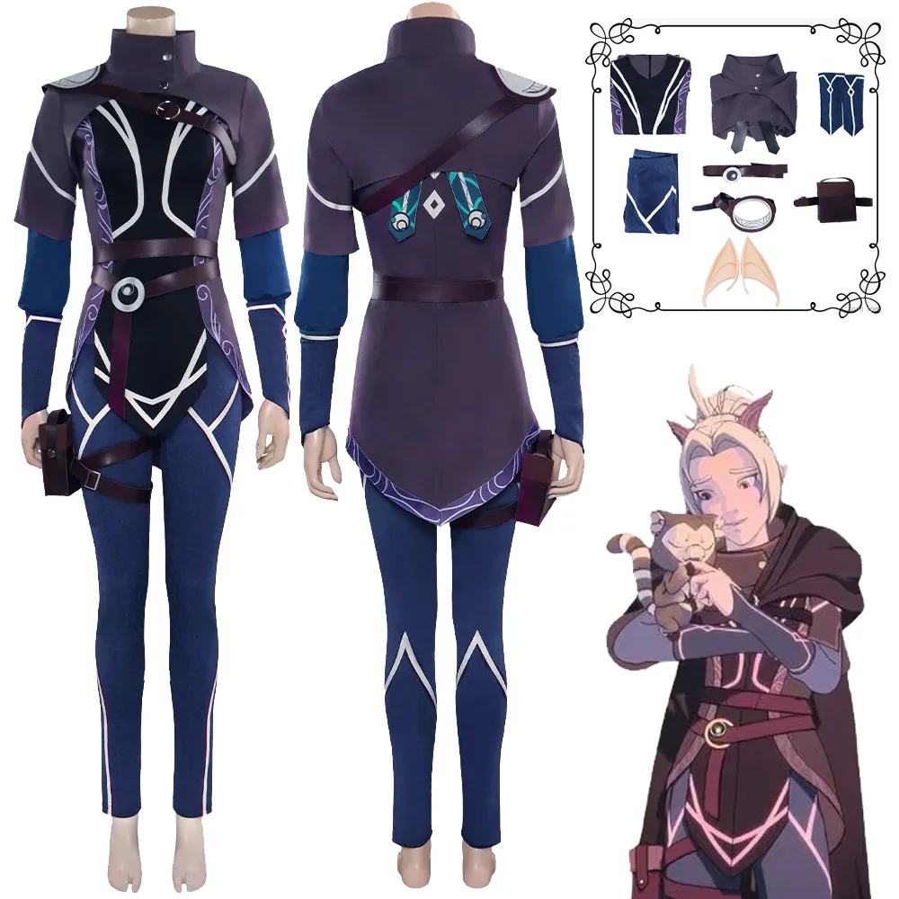 

Movie The Dragon Prince Rayla Cosplay Costume Uniform Top Pants Ears Adult Women Outfits Halloween Carnival Party Fantasia Suit