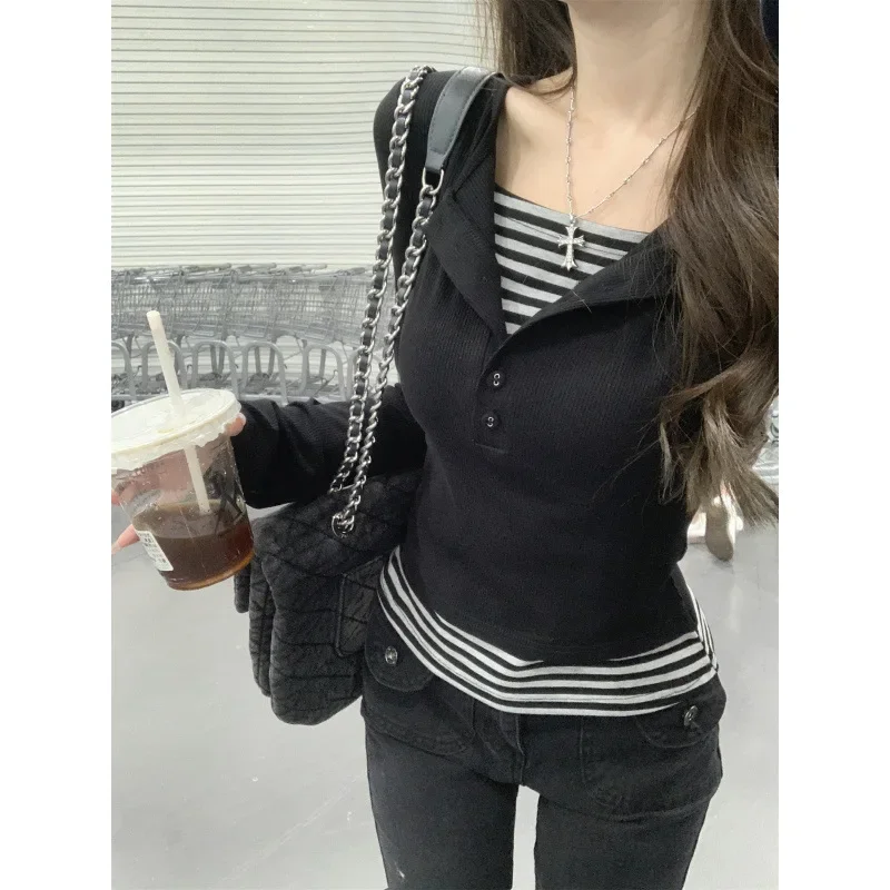 Autumn/Winter Korean Style Slimming T-Shirt DXH-1B01-A Realistic Price Color Blocking Stripe Button Splicing Slimming Design Sen