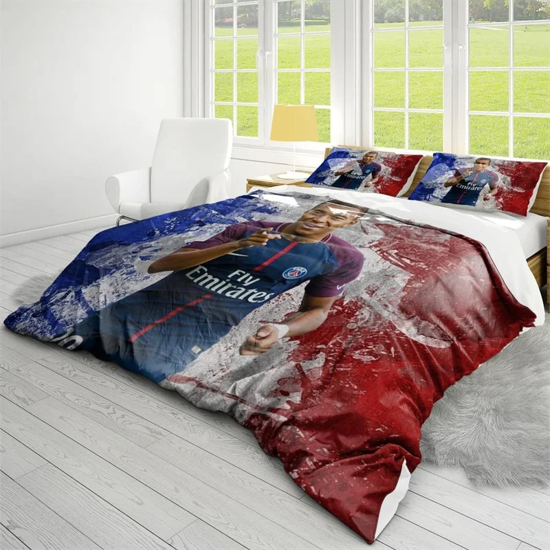 Soccer Star Kylian Mbappe Bedding Set, 3 Piece, Cartoon Themed Duvet Cover, Breathable Microfiber Material and Pillowcases Gift