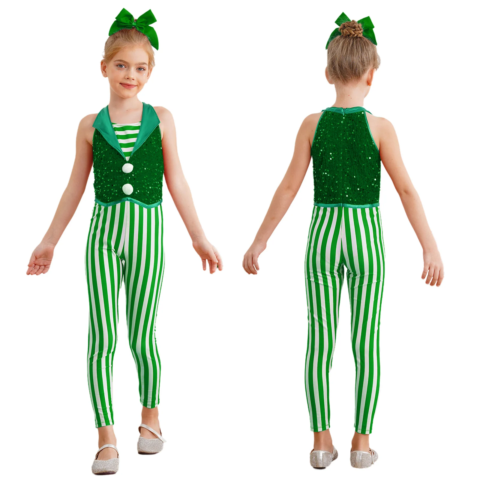 6-16Y Girls Christmas Party Candy Cane Costume Ballet Dance Gymnastics Figure Skating Leotard Sleeveless Stripe Sequin Bodysuit