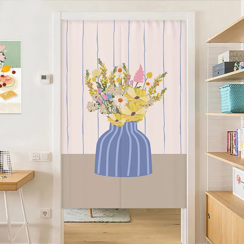VIKAMA Daisy Vase Noren Door Curtain Striped Floral Hanging Curtain Entryway Partition Minimalist Home Interior Decor