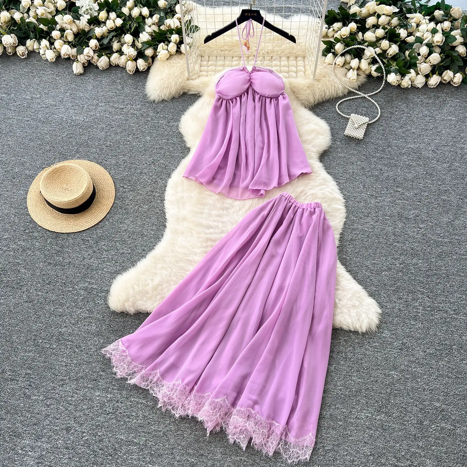 

Women Two Piece Sets Skirt Set Strapless Sleeveless Backless Halter Tops Long Skirts A Line High Waist Y2k Streetwear Elegant