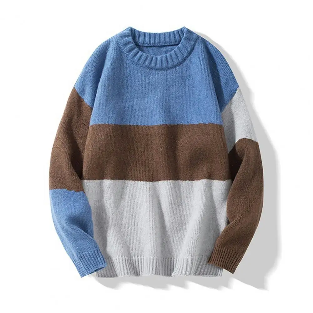 Men Loose Cut Sweater Lightweight Breathable Knitted Sweater Men\'s Colorblock Knitted Sweater with Round Neck Long for Fall