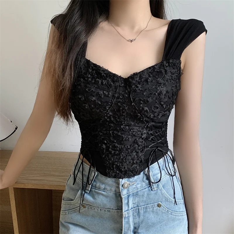 

Chic Fashion Women Lace Bandeau Fishbone Camisole Sweet Sleeveless Tops Cropped Tops Y2k