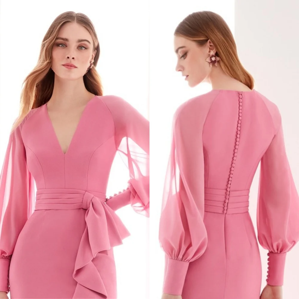 Customized Customized Mermaid Simple Pink Jersey Evening Dress Elegant V-Neck Long Sleeves Homecoming Dresses Classic Special Oc