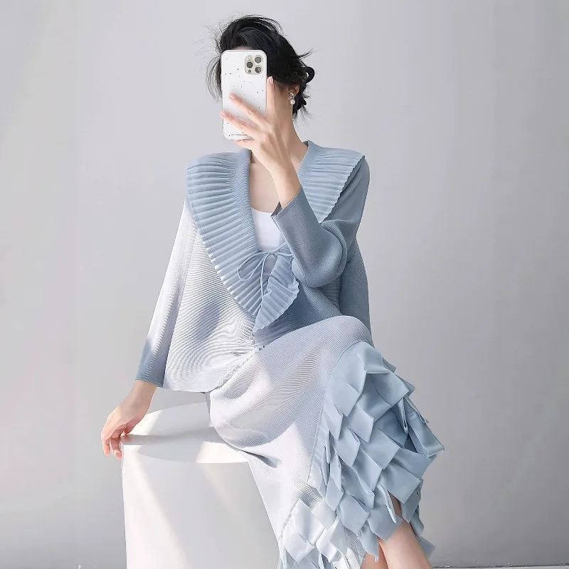 Miyake Pleated 2026 Accordion Large Collar Tie Shirt for Women Irregular Slanted Edge V-Neck Long Sleeve Elegant Versatile Top