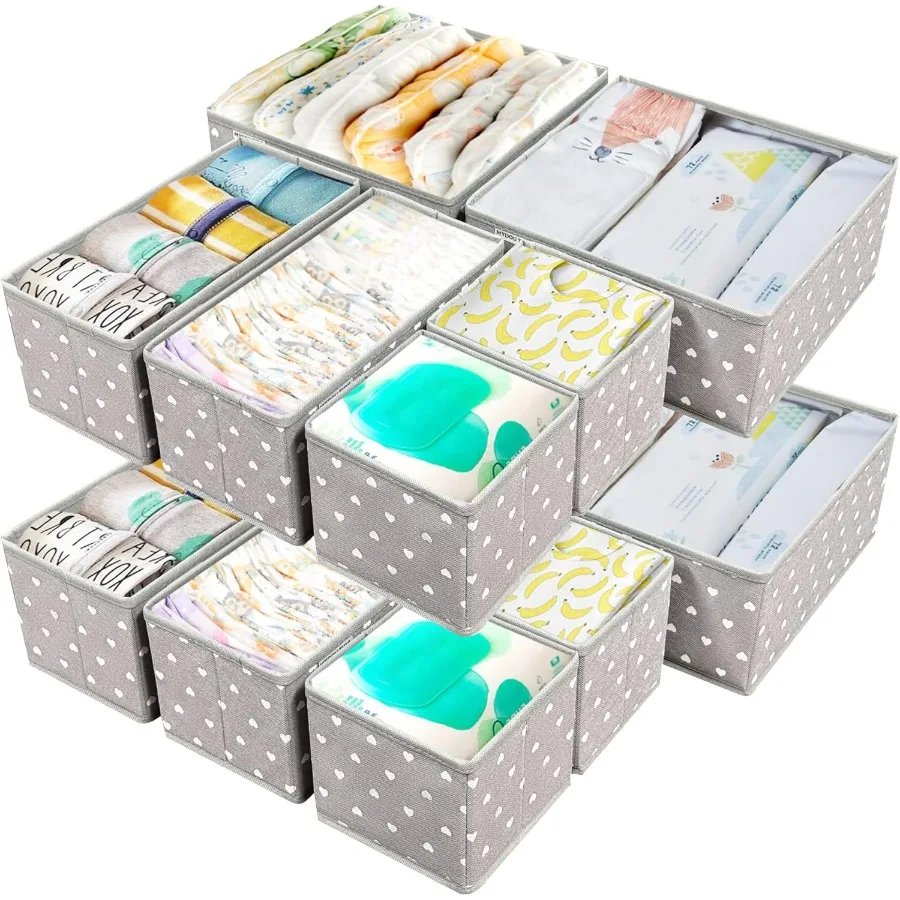 12팩 패브릭 서랍 정리함 유아용품 보관 솔루션 그레이 하트 패턴 천 서랍 칸막이 정리에 이상적