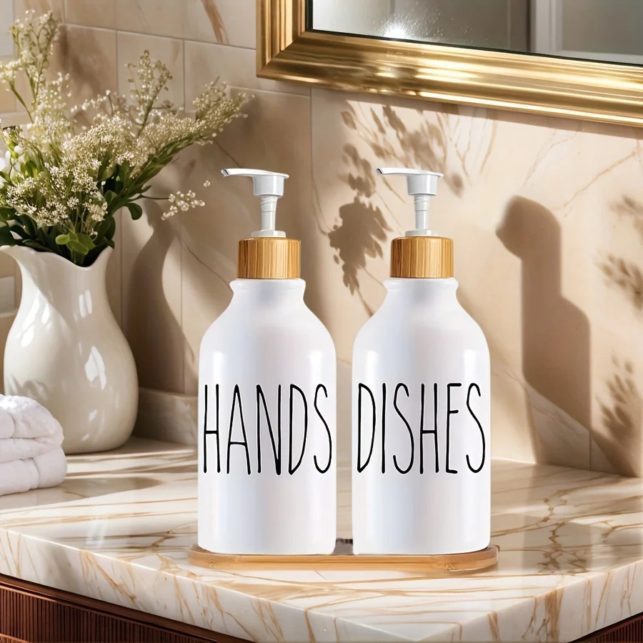 Soap Dispenser Bottle with Trays, Bamboo Lid Soap Bottle with Anti-Rust Pump, Hand Dish Soap Dispenser for Kitchen, Shampoo