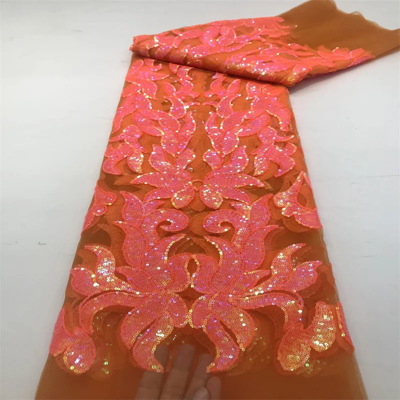 

African Lace Fabric High Quality 2024 Orange Embroidery Sequences African Fabric Royal Blue Velvet African Dresses For Women