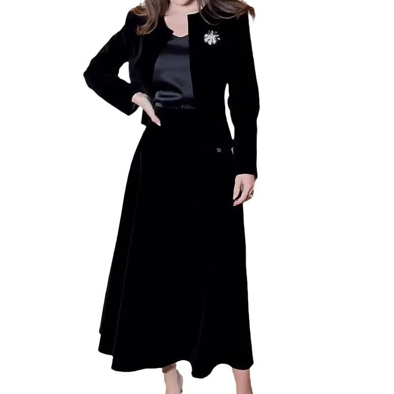 Women Skirt Sets Cardigan Two Piece Suit V Neck Full Sleeve Tops A Line Long Skirts Midi Waist Splice Elegant Suits Spring