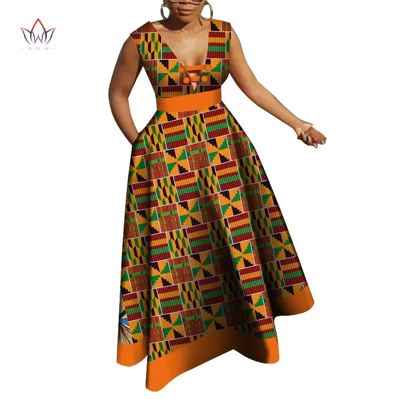 Bazin Riche African Dresses for Women Dashiki Patchwork Wax Print Evening Long V-neck Dresses Women African Clothing WY4176