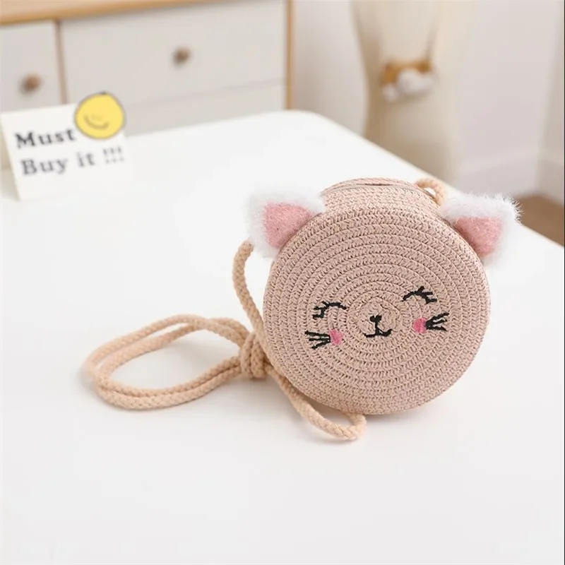 1 Piece of Children\'s Cartoon Cute Three-dimensional Cat Ears Trend Girl Straw Fashion Sweet Mini Change Straddle Bag