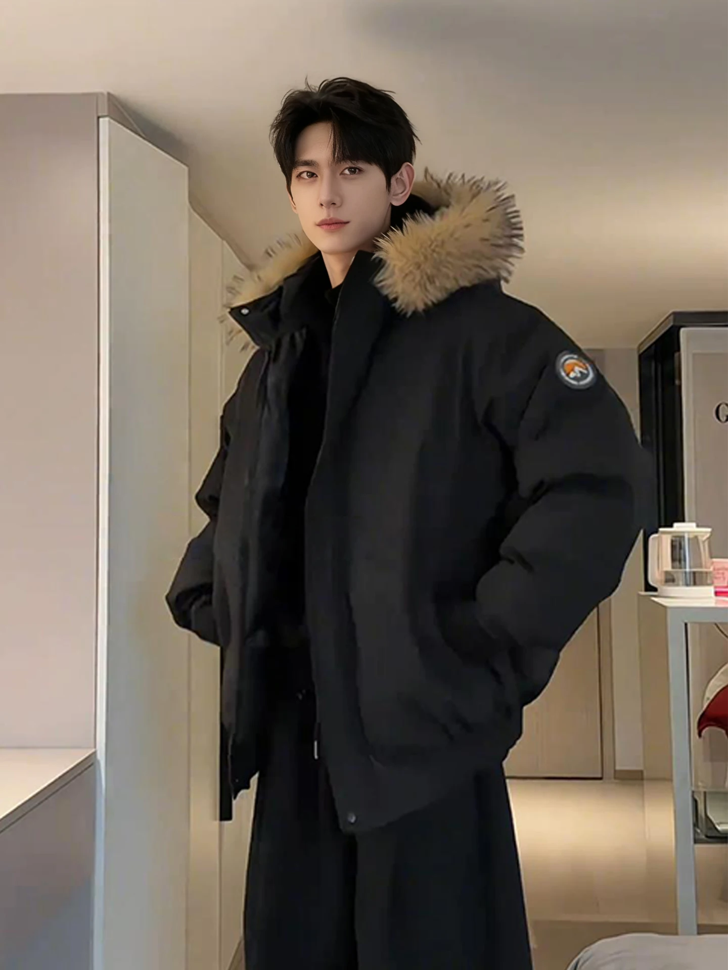 

Thiened American Sle Men's Cotton Jaet with Large Fur Collar Winter Warm Outerwear for Couples Bread Sle Coat