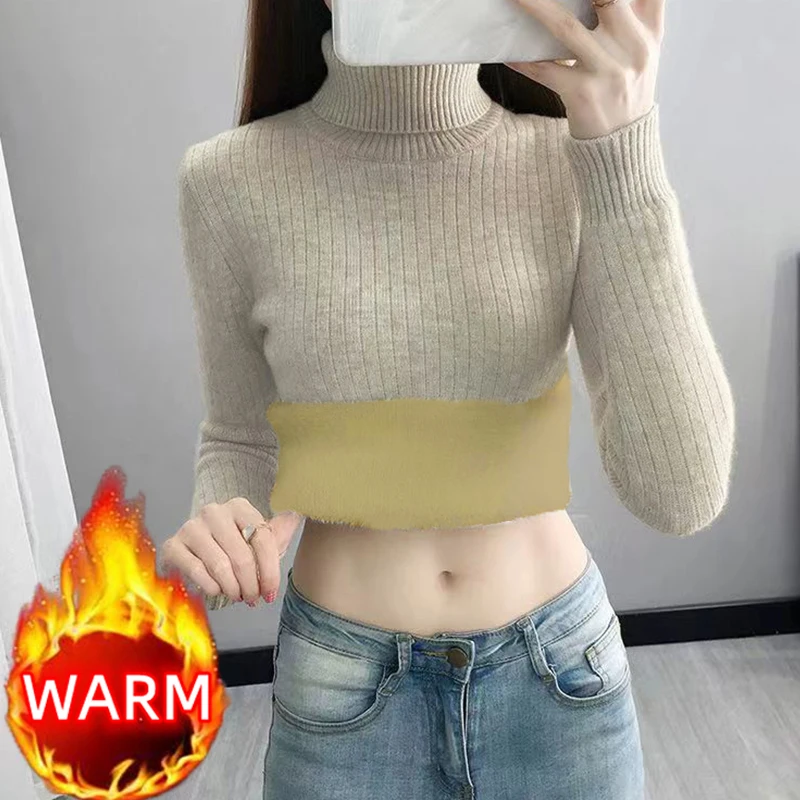 Turtleneck Winter Sweater Women Elegant  Sueter Fleece KnittedThicken Velvet Lined Warm Pullover Slim Top Jersey Knitwear Jumper