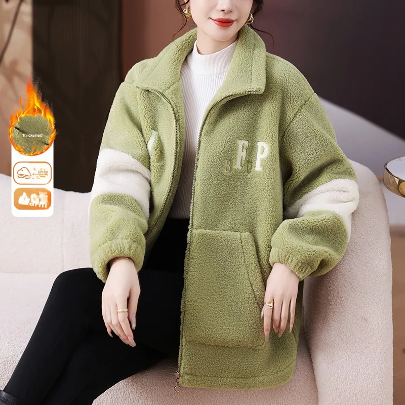 

Lamb Velvet Thiened Outerwear for Middle-Aged Mothers Winter Faionable Coat with kets Loose Fit Mid-Length Zipper Closure