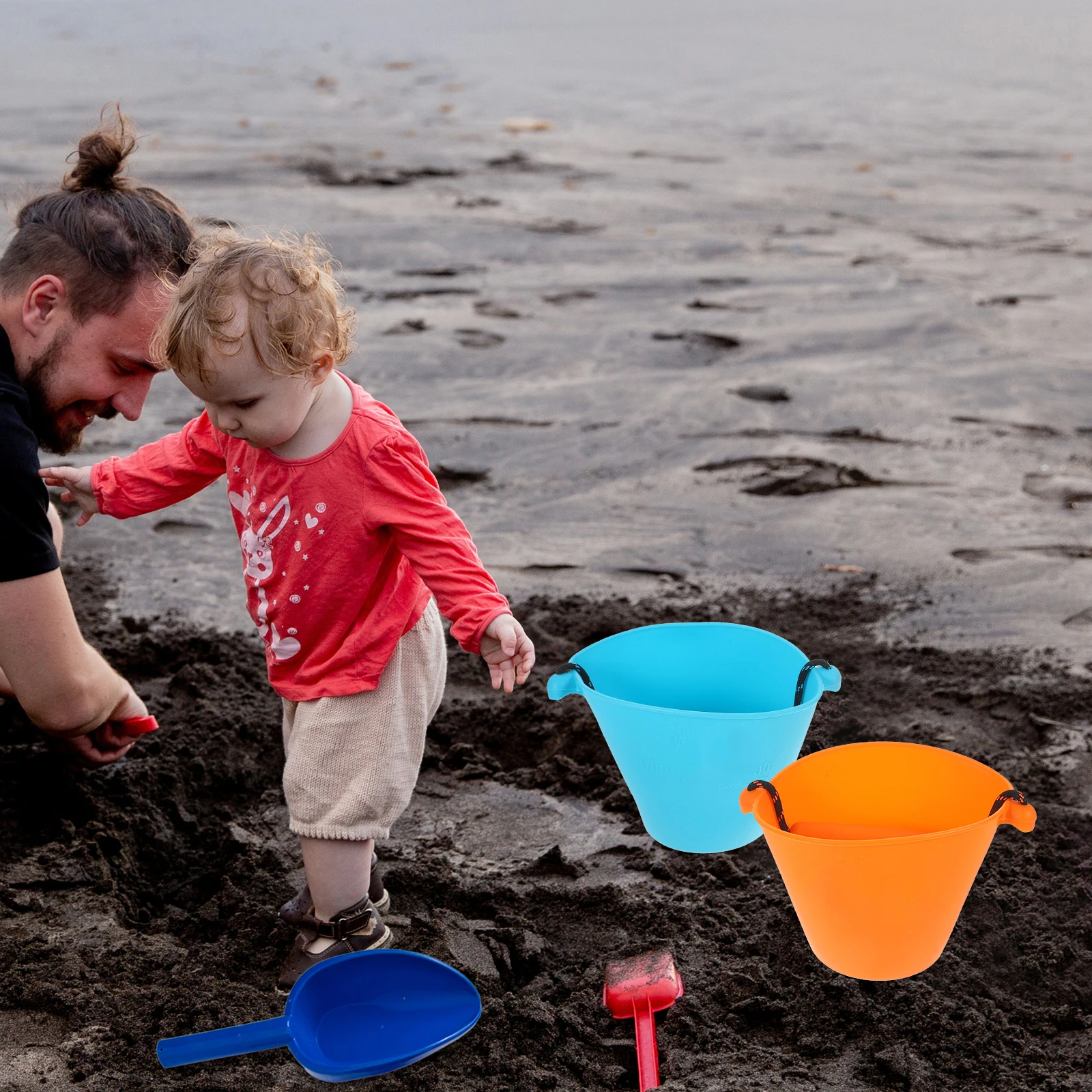 

2 Pcs Silicone Bucket Kids Beach Toys Collapsible Water Buckets Silica Gel Folding Sand Child Outdoor