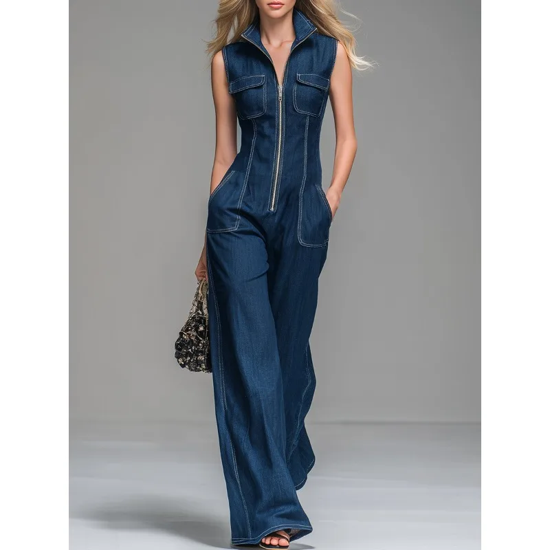 

ArrivalSpringSummer Casual Faux Denim Fashion Vintage Stand Collar Zipper Sleeveless Elegant Slim Jumpsuit For Women Streetwear