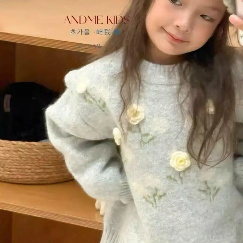 

2025 вязаный свитер для девочек, осенне-зимний пуловер с цветочным принтом, топы с круглым вырезом и длинными рукавами, удобная детская одежда для детей 4–12 лет