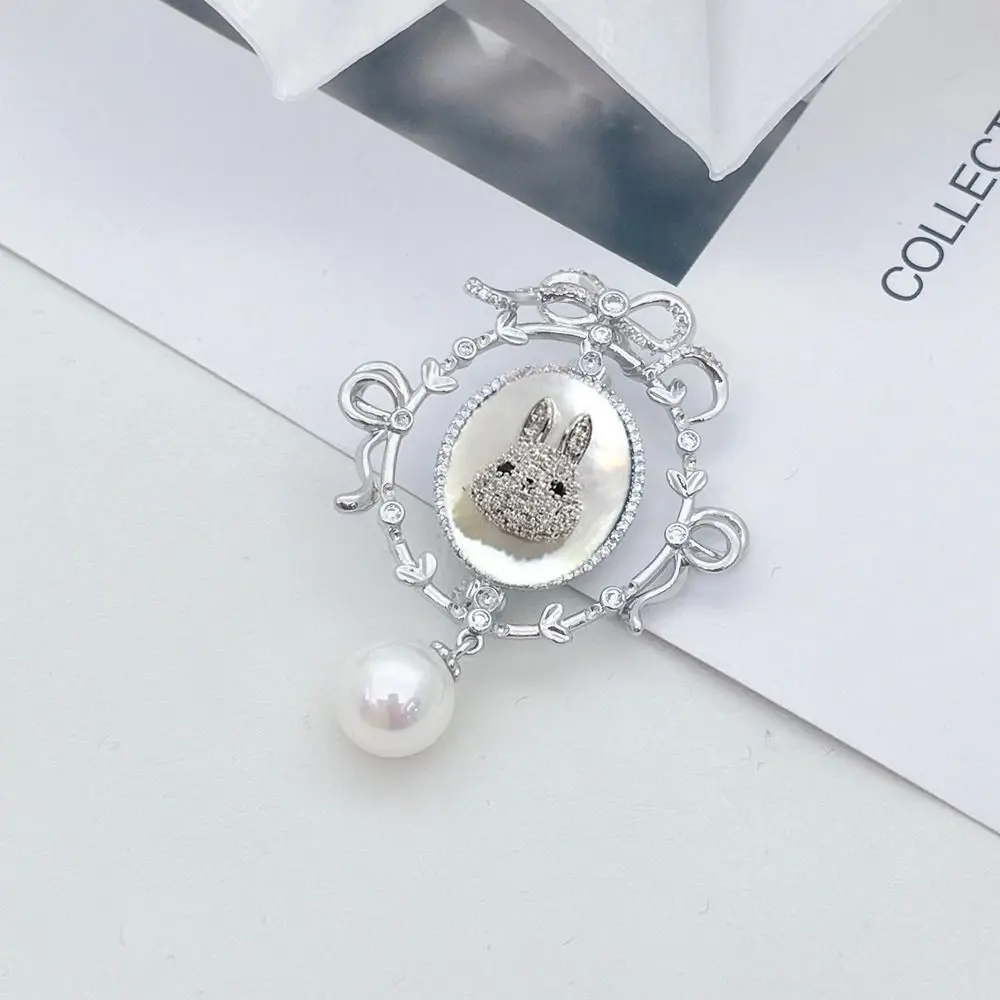 Clothes Accessories Vintage Rabbit Zircon Pin Natural Rabbit Natural Shell Pearl Brooch Galvanized Light Luxury Party