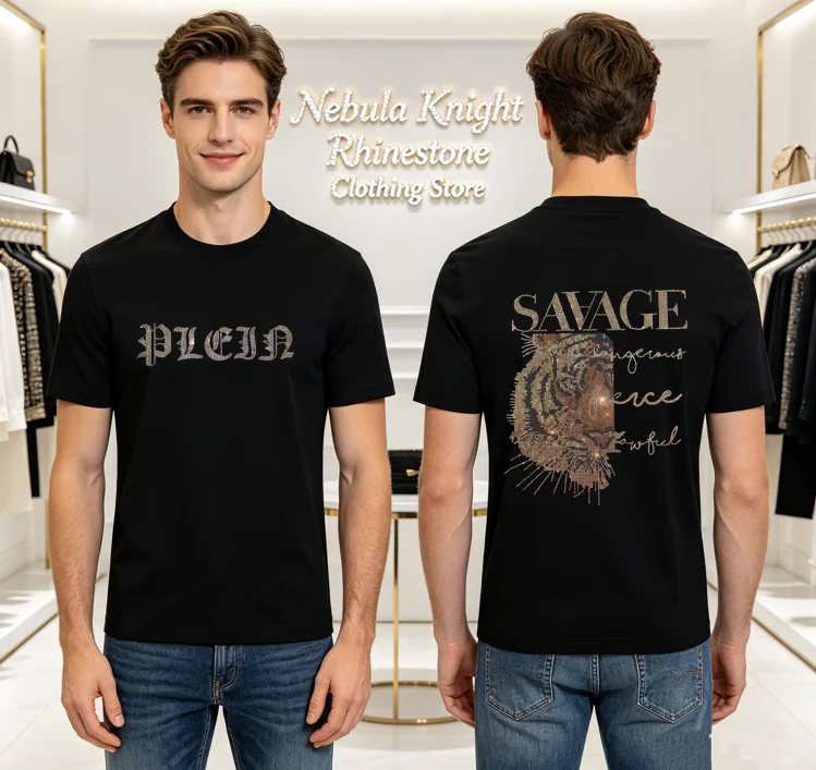 Bling Crystal Rhinestone Men Casual T-Shirt Pure Cotton Breathable Round Neck Short Sleeve Summer Tees