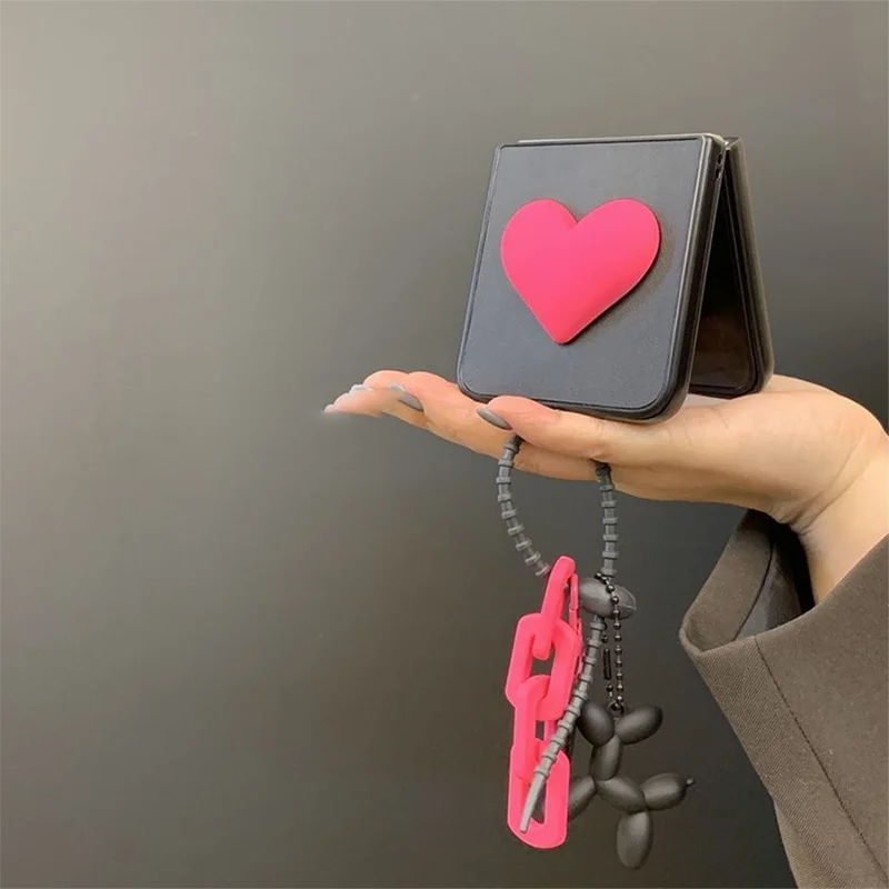 Z Flip 6 Case Cool Black 3d Pink Heart Phone Case With Puppy Pendant For Samsung Galaxy Z Flip6 Zflip5 Zflip4 3 Xiaomi Mix Flip