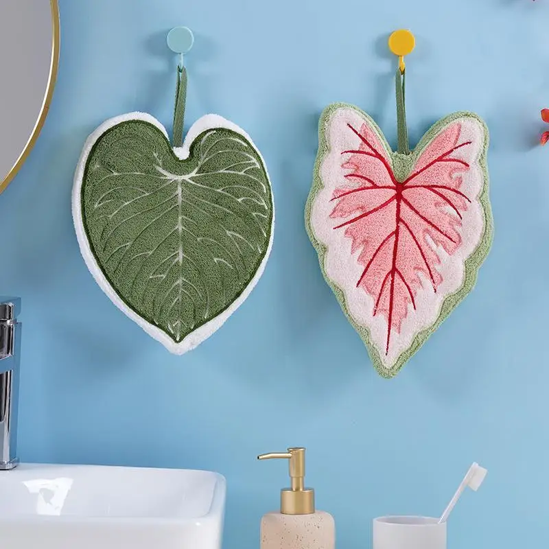 Cartoon Leaf Hand Towel Coral Velvet Absorb Water Bathroom Kerchief Thickened Hanging Kitchen Handkerchief Kitchen