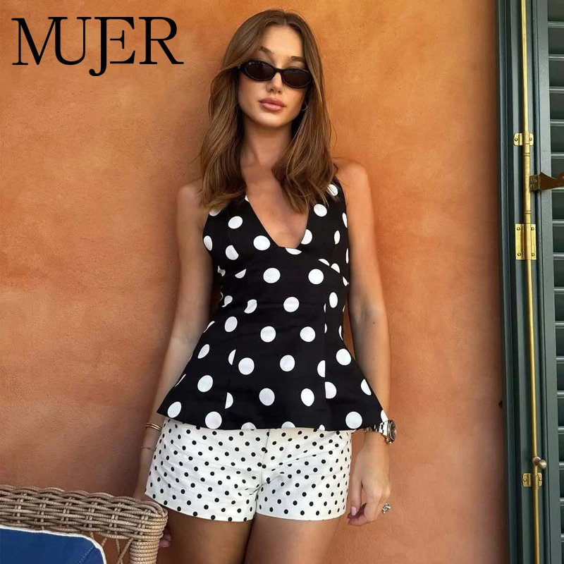 

MUJER Polka Dot Halter Tops for Women Sexy Backless Tank Top Women Summer Sleeveless Tops Woman off Shoulder Camisole Women Tops