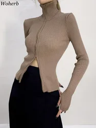 Dzianina damska kardigan płaszcz z temperamentem w stylu Vintage Sueter Turtlenevk podwójne zamki Pull Femme jesień na co dzień prążkowany sweter topy