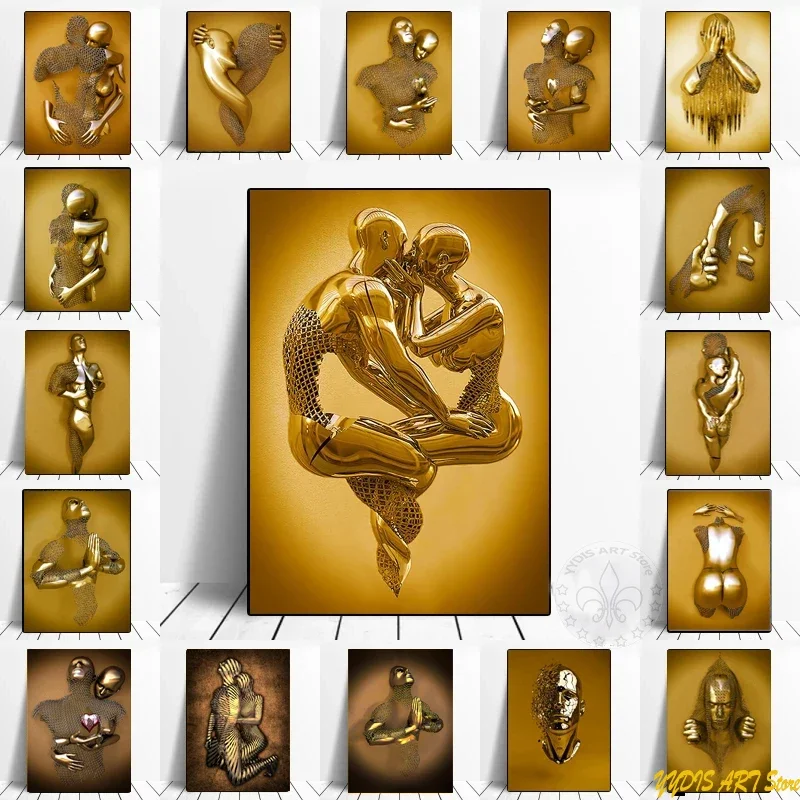 

Abstract Gold Metal Figure Statue Canvas Painting Romantic Lover Sculpture Poster Print Wall Art Picture Room Home Decor Cuadros