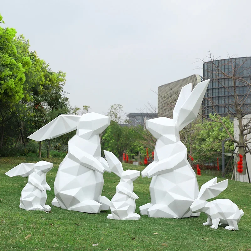 Geometric rabbit sculpture abstract animal, fiberglass flower garden landscape decoration