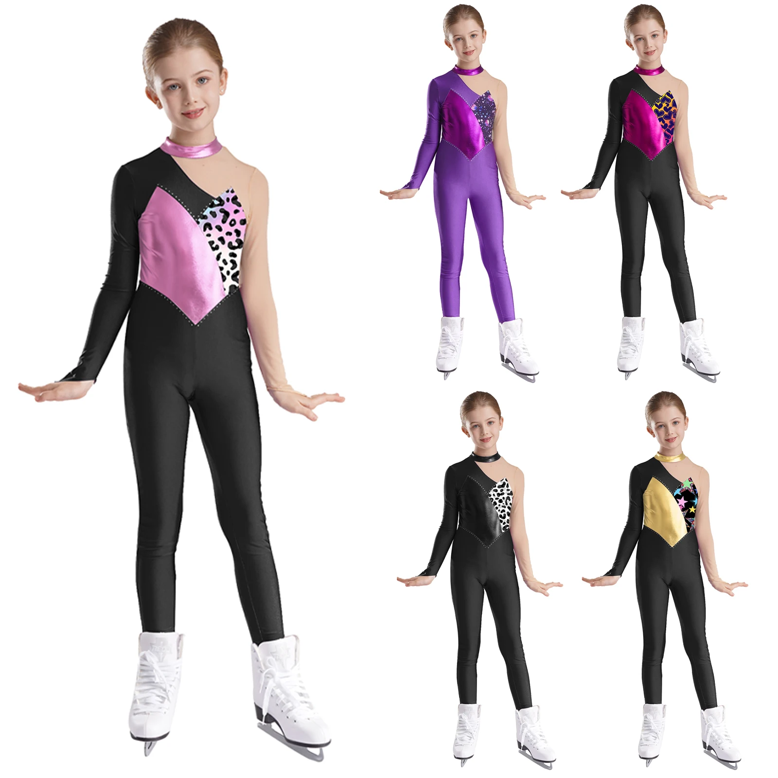 Kids Girls Ballet Gymnastics Jumpsuit Metallic Printed Mock Neck Mesh Long Sleeve Bodysuit for Figure Skating Dance Performance