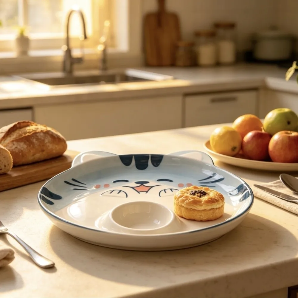 Ceramic Dipping Sauce Dish Japanese Style Animal Shape Grid Dumpling Plate Thicken Dipping Sauce Compartment Cow Sushi Plate