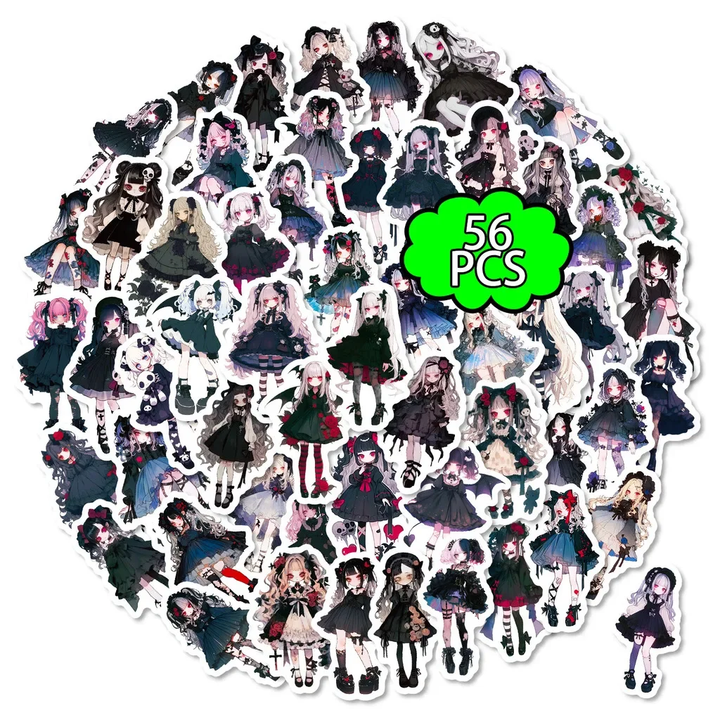 56Pcs Gothic Sweet Cool Girl Doodle Stickers, Cartoon Anime Decals for Water Bottle Phone Case DIY Golden Memory Stickers Store