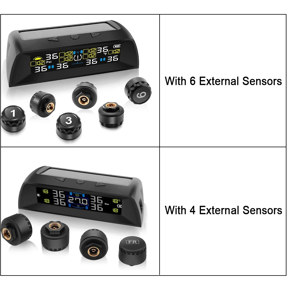 4/6 Sensors TPMS Tire Pressure Monitoring System Solar Wireless Car Tire Pressure Monitoring System For SUV MPV Pickup Truck RV