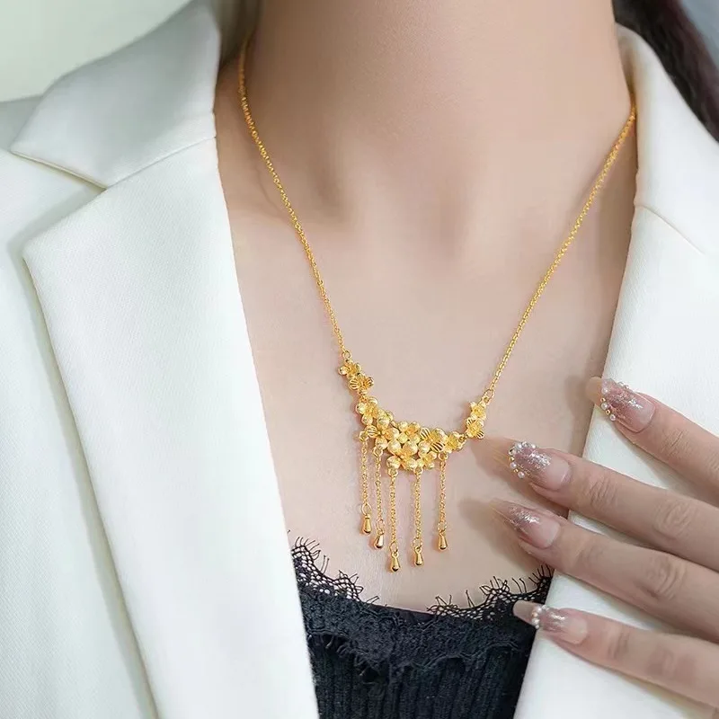 Gold AU750 Necklace 999 Flower Moon Festival Tassel Set Chain Blooming Flower Necklace Wedding 24K Jewelry Set Integrated Chain