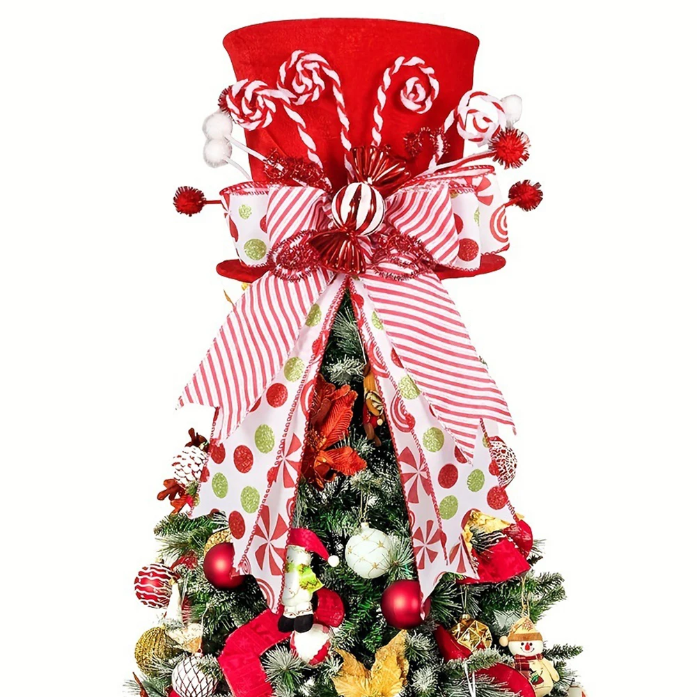 Unique Decor Christmas Tree Topper Christmas Celebration Candy Cane Accents Cheerful Decoration Cute Bow Ribbons