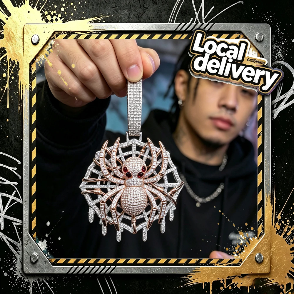 Iced Spider Web Pendant Hip Hop Charm Red Ruby Spider Eyes Gothic Punk Diamond Necklace Accessory 18K Rose Gold Plated Full Micro Pave Cubic Zirconia For Male Rappers Men Boy Friends Street Party Halloween Cool Bling Daily Luxury Fine Jewelry Gifts