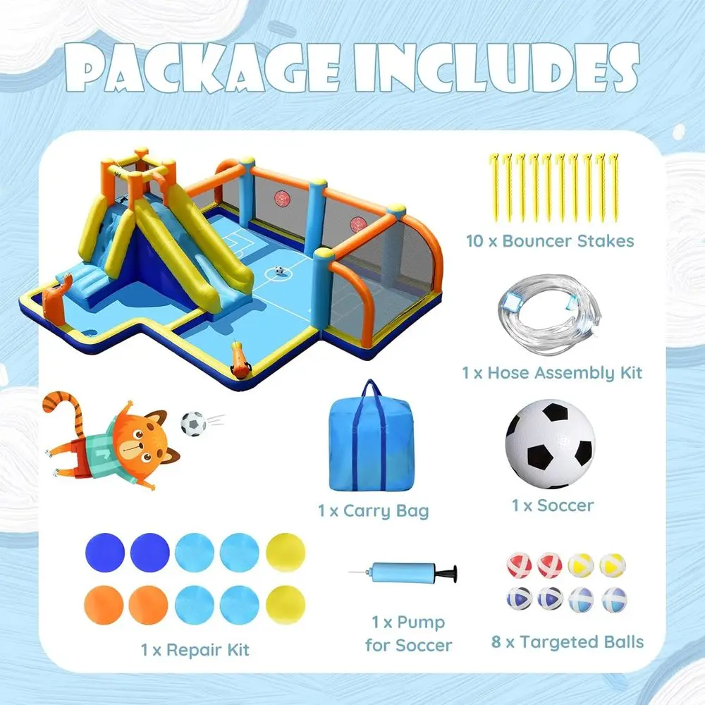 Iatable Water Slide, Giant Soccer Water Park Bounce House w/Goals for Outdoor, Splash Pool, Climbing, Blow Up Water Sl