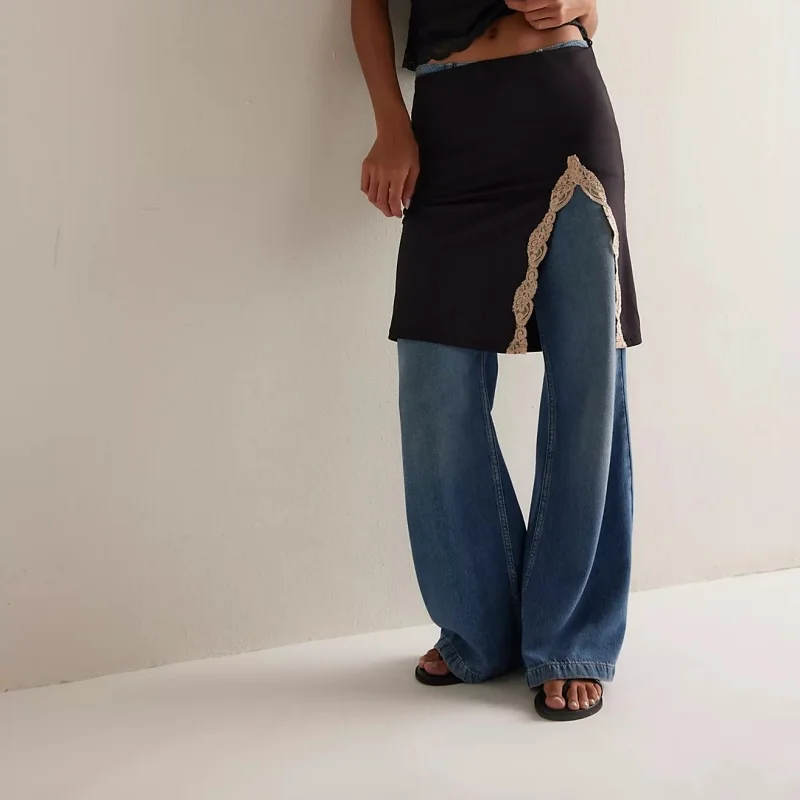 

Женские юбки с кружевной отделкой, модная повседневная эластичная юбка длиной до колена с низкой талией и разрезом по подолу