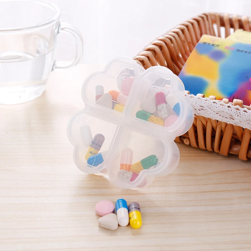 /Vly/Portable Plastic Pill Storage With Independent Opening Design Four-leaf Clover Pill Separation 4 Grids Box Organizer Box