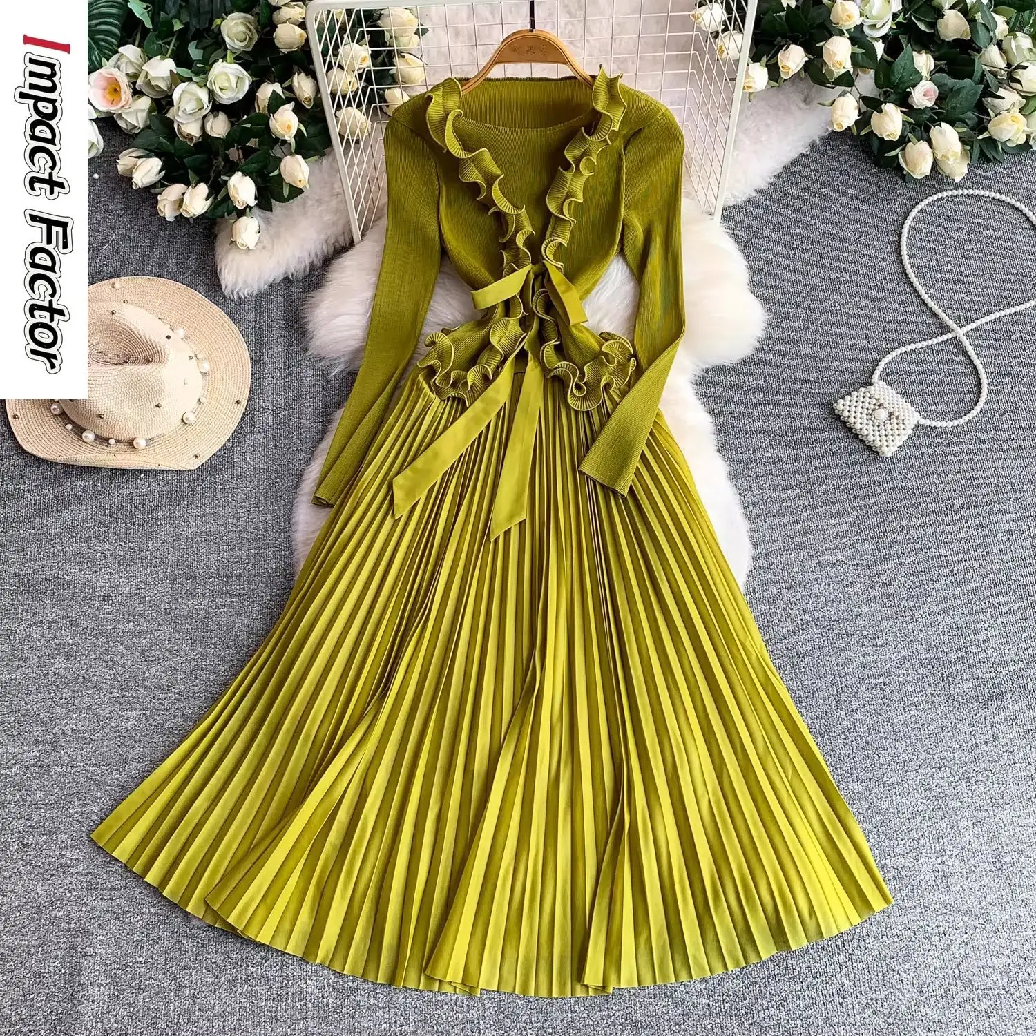 

Miyake Light and Mature Style Elegant Three-dimensional Ruffle Edge Round Neck Long Dress Women's Strap Waist Long Pleated Dress